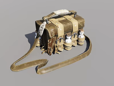 Vintage Leather Bag With White Wrapped Handle Straps And Attached Small Bottles 3d model