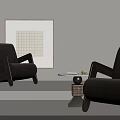 Modern Leisure Sofa Set Brown Chairs Small Round Table Fruit On White Wall Grid Painting