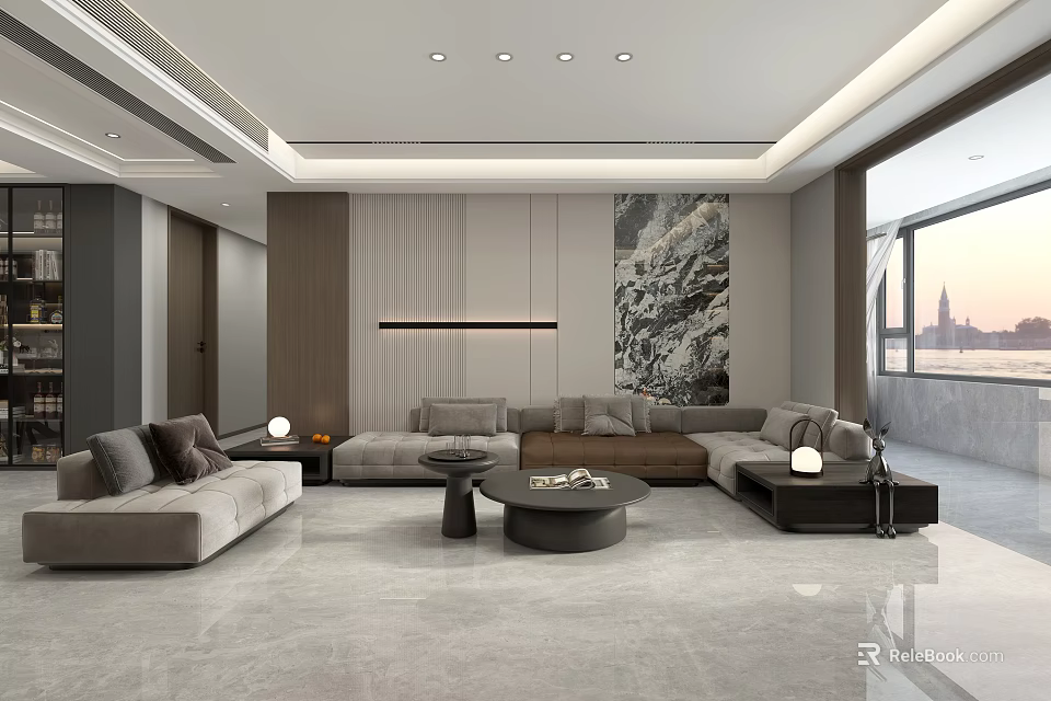 Modern Light Luxury Living And Dining Room With Marble Floor And Comfortable Large Sofa Sets 3d model 