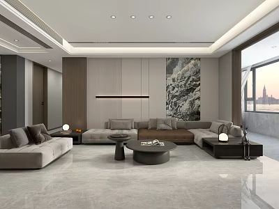 Modern Light Luxury Living And Dining Room With Marble Floor And Comfortable Large Sofa Sets 3d model
