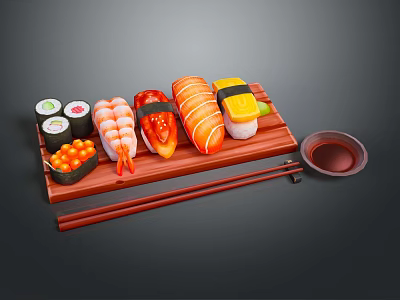 Assorted Sushi Platter on Wooden Tray with Chopsticks and Soy Sauce 3d model
