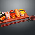Assorted Sushi Platter on Wooden Tray with Chopsticks and Soy Sauce