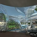 Modern Glass Dome Architecture With Lush Greenery Water Features And Seating Areas