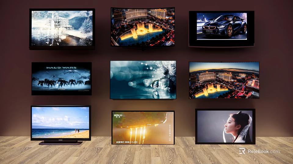 Multiple Televisions On Display Show Various Scenery Car Portrait And Landscape 3d model 