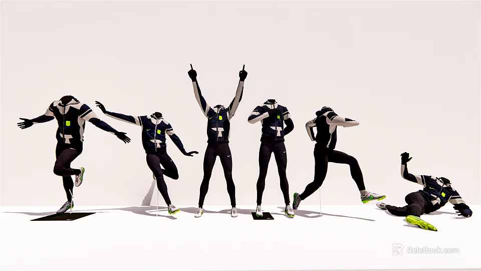 Models in black sportswear performing dynamic movements raising hands running and jumping against white background 3d model 