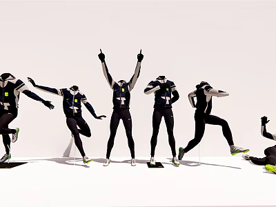 Models in black sportswear performing dynamic movements raising hands running and jumping against white background 3d model
