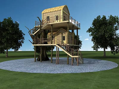 Wooden Treehouse Design With Stairs Balcony Surrounding Trees Grass Paved Ground And Blue Sky 3d model