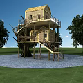 Wooden Treehouse Design With Stairs Balcony Surrounding Trees Grass Paved Ground And Blue Sky