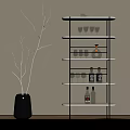 Modern Minimalist Metal Wine Rack with Wine Bottles Glasses Decorative Vase and Lighted Wall