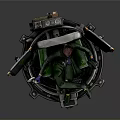 Green Clad Figure Seated On Tech Inspired Rotating Chair With Staff And Screens