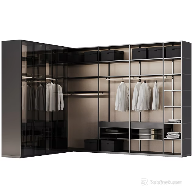 Modern Wardrobe Interior Design With Glass Doors Hanging Clothes Drawers And Shelves 3d model 