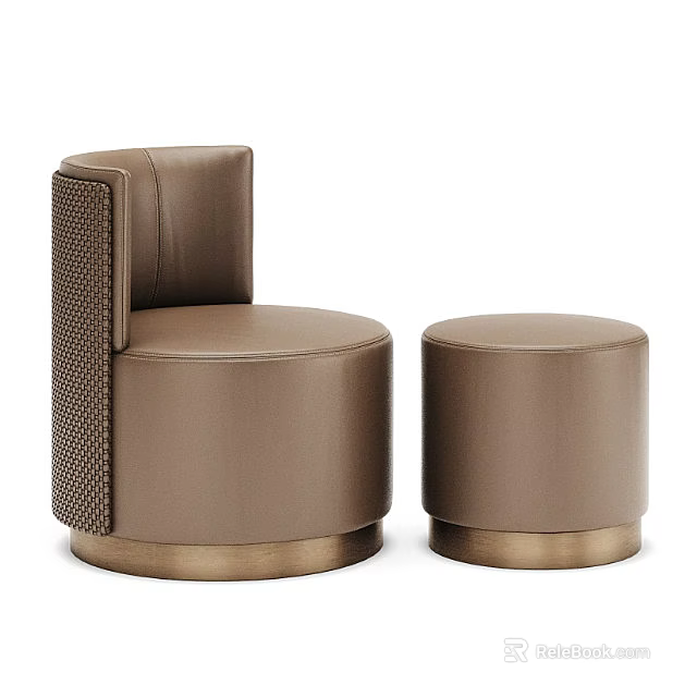 Modern Brown Leather Ottoman Set with Woven Back and Metal Base Design 3d model 
