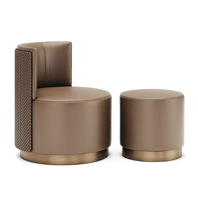 Modern Brown Leather Ottoman Set with Woven Back and Metal Base Design 3d model