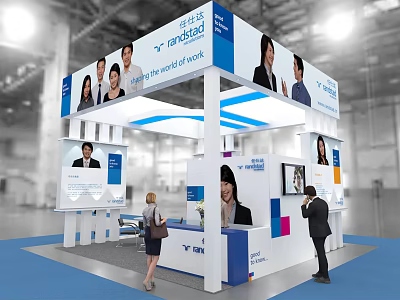 FLEXSPACE Coworking Exhibition Booth with Blue White Design Display Screens People Photos and Interacting 3d model