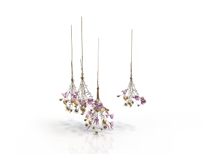 Hanging Living Decor Pieces With Purple Flowers And Gold Decorative Accents Set Of Four 3d model