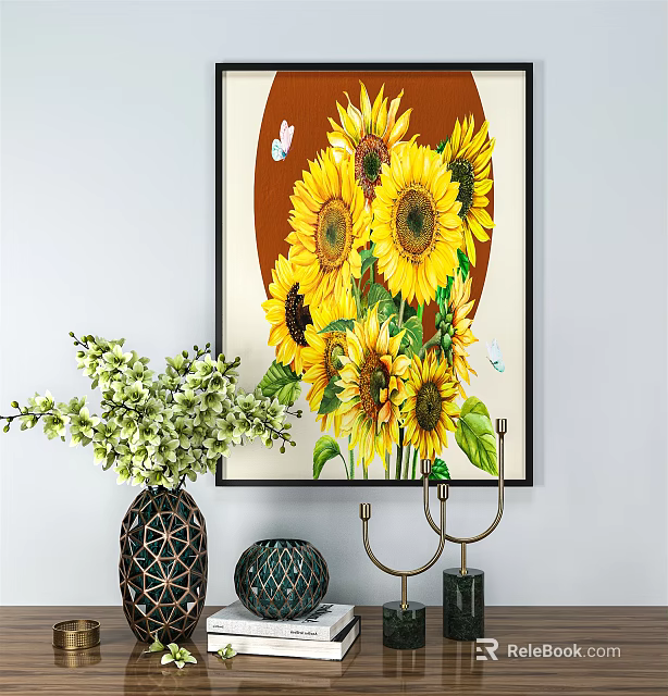 Sunflower Painting Wall Art With Vase And Decorative Items In Interior 3d model 