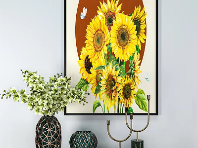 Sunflower Painting Wall Art With Vase And Decorative Items In Interior 3d model