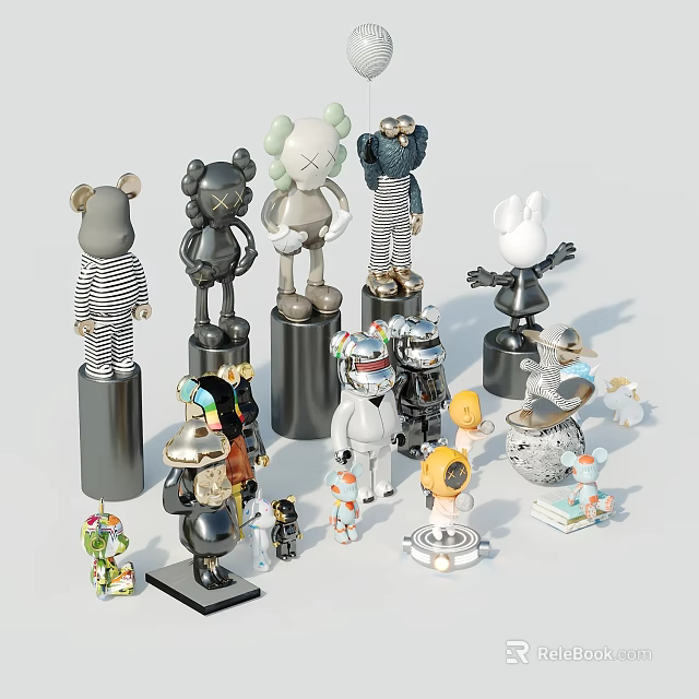 Modern Artistic Decorative Ornament Combination With Multiple Figurines Different Sizes And Black Pedestals 3d model 