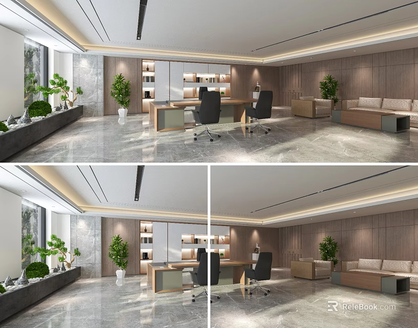 Modern Office Interior With Wooden Desk Ergonomic Chairs Bookshelves Sofa And Green Plants 3d model 