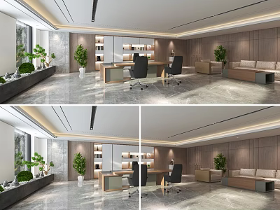 Modern Office Interior With Wooden Desk Ergonomic Chairs Bookshelves Sofa And Green Plants 3d model