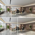 Modern Office Interior With Wooden Desk Ergonomic Chairs Bookshelves Sofa And Green Plants