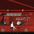 Red Themed Cafe Interior With Counter Seating Shelves And Geometric Patterns 3d model