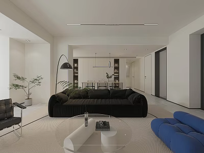 Modern Living Dining Room With Black Blue Sofas Glass Coffee Table And Floor Lamp 3d model