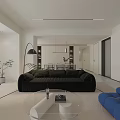 Modern Living Dining Room With Black Blue Sofas Glass Coffee Table And Floor Lamp