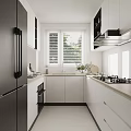 Modern Kitchen Interior Design With White Cabinets Black Appliances And Window Blinds 3d model