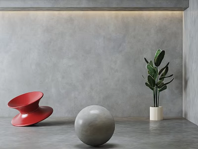 Gray Concrete Floor With Red Top Shaped Object Gray Sphere Green Plant In White Planter 3d model