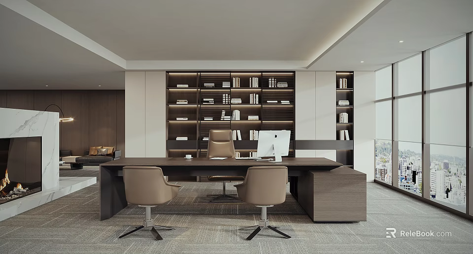 Modern Office Interior With Large Bookshelves Books Desk Computer And Comfortable Chairs 3d model 