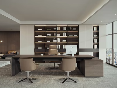 Modern Office Interior With Large Bookshelves Books Desk Computer And Comfortable Chairs 3d model
