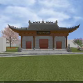 Ancient Chinese Architecture With Curved Eaves Black Tiles Red Doors Front Lawn And Trees
