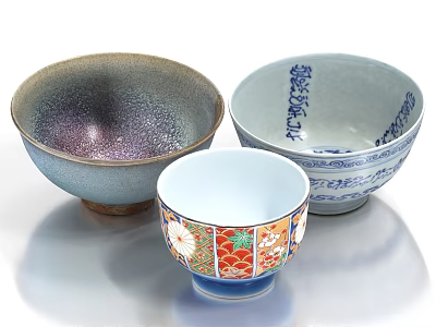 Ceramic Bowls and Cup with Iridescent Speckled Glaze Blue White Calligraphy and Colorful Floral Patterns 3d model