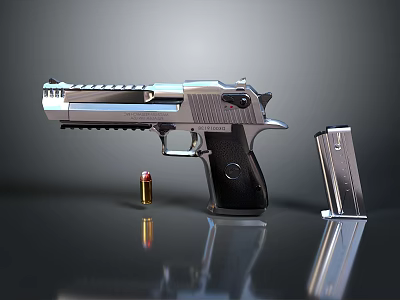 Detailed Silver Pistol With Magazine And Bullet On Black Smooth Surface 3d model