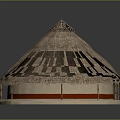 Traditional Round Wooden House With Thatched Roof Red Decoration And Pillars