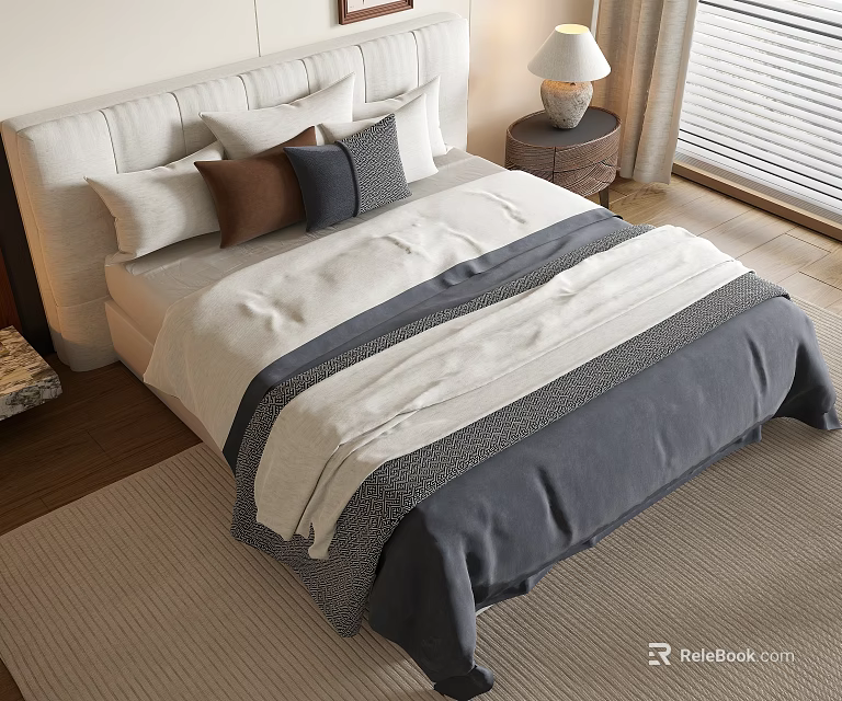 Modern Double Bed With Upholstered Headboard White Gray Bedding And Side Table Lamp 3d model 