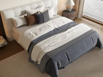 Modern Double Bed With Upholstered Headboard White Gray Bedding And Side Table Lamp 3d model