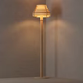 Modern Minimalist Wooden Floor Lamp With Striped Shade And Warm Light Against Gray Wall Background
