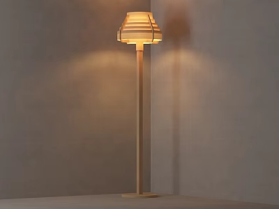 Modern Minimalist Wooden Floor Lamp With Striped Shade And Warm Light Against Gray Wall Background 3d model