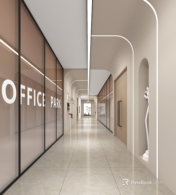 Bright Modern Office Corridor Design Featuring Glass Partitions Light Tile Floor And Wooden Doors 3d model 