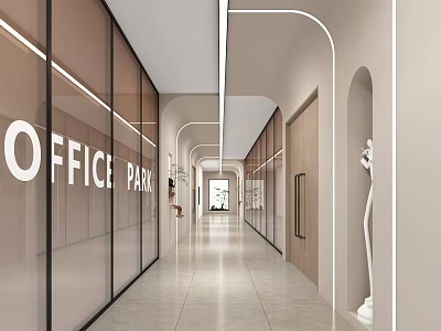 Bright Modern Office Corridor Design Featuring Glass Partitions Light Tile Floor And Wooden Doors 3d model