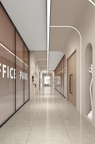 Bright Modern Office Corridor Design Featuring Glass Partitions Light Tile Floor And Wooden Doors 3d model