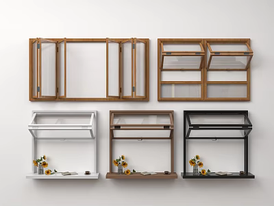 Various Wall Mounted Cabinet Designs With Glass Doors And Decorative Items In Different Colors 3d model