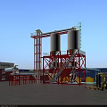 Industrial Equipment With Two White Silos Red Framework Staircase Conveyor And Blue Sky Background