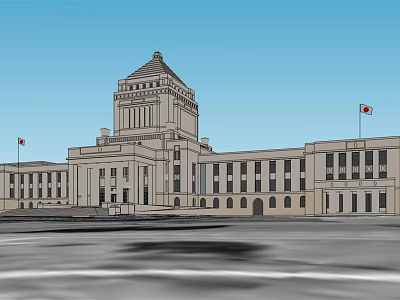 Classical Style Office Building With Symmetrical Design Flagpoles And Front Plaza 3d model