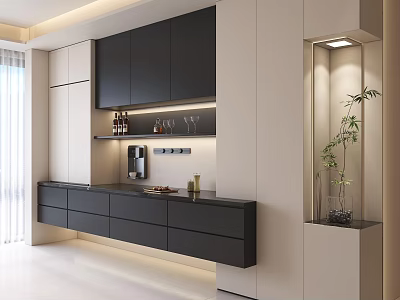 Modern Black And White Sideboard With Cabinets Drawers Shelves And Decorative Items 3d model