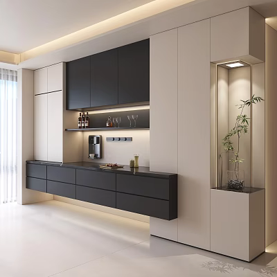 Modern Black And White Sideboard With Cabinets Drawers Shelves And Decorative Items 3d model