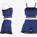 Blue Camisole Top And Shorts Set With Black Lace Trim Design