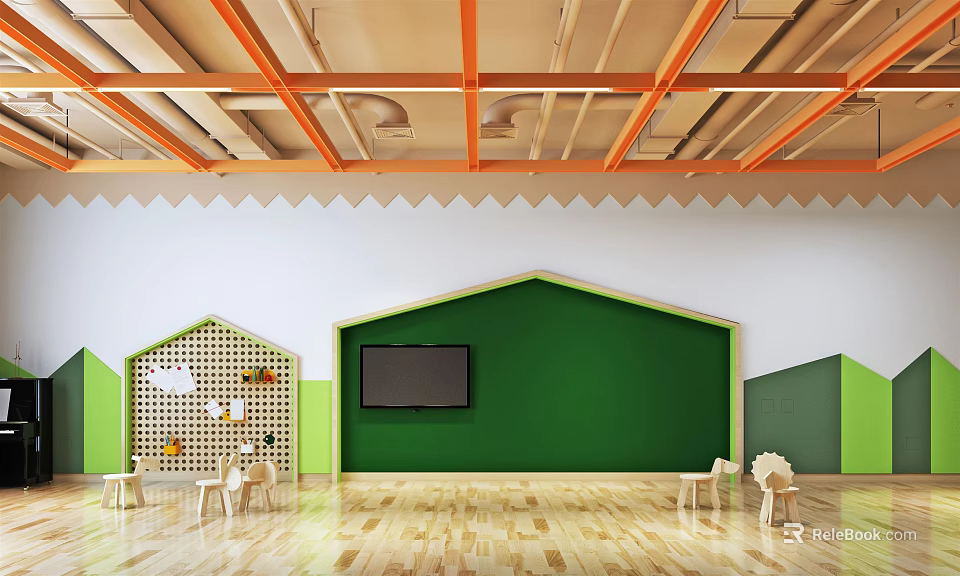 School Activity Room With Green Wall Orange Beams TV Wooden Floor And Animal Shaped Chairs 3d model 